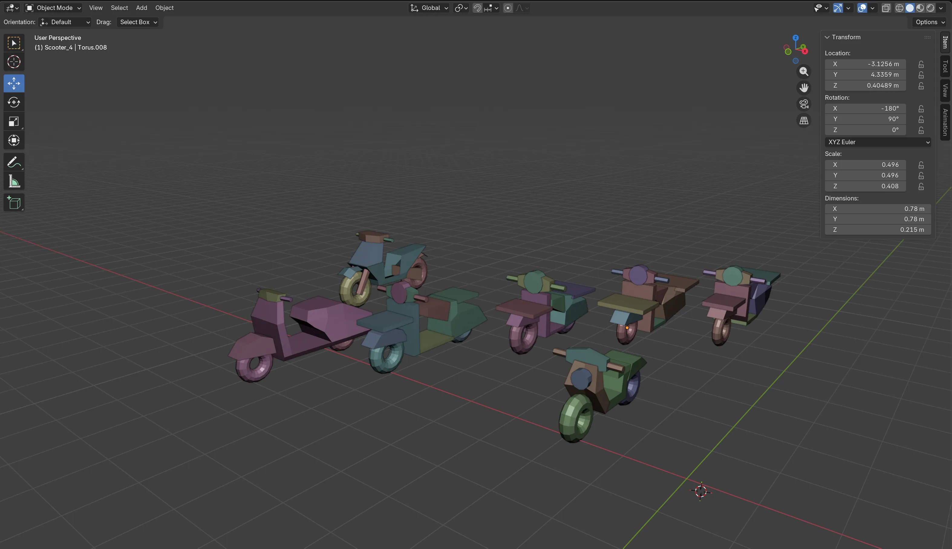 Scooter blockouts lined up in Blender